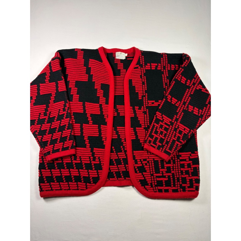 Leslie Fay Cardigan Vintage Geometric Statement Knit 80s Open Front Women L